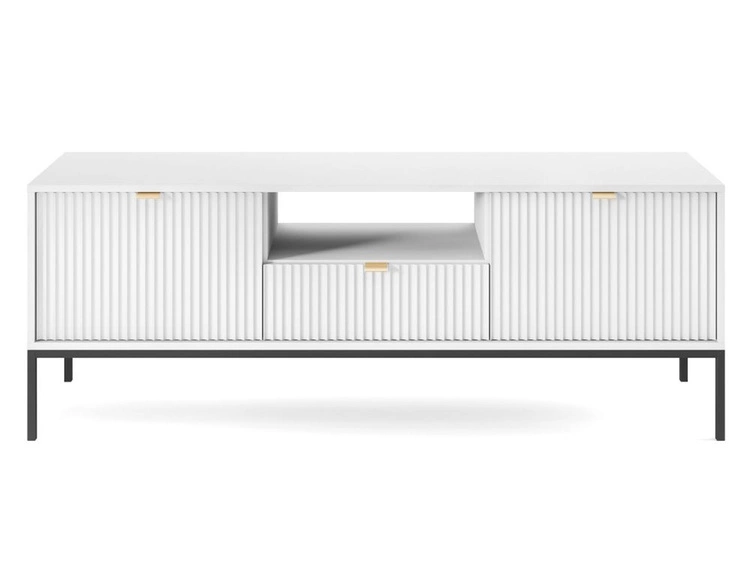 Szafka pod telewizor z szufladami i drzwiczkami Amber biała na czarnych nogach