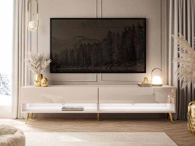 Szafka RTV do salonu 180 cm ze złotymi nóżkami i oświetleniem LED Aurelie Kaszmir połysk