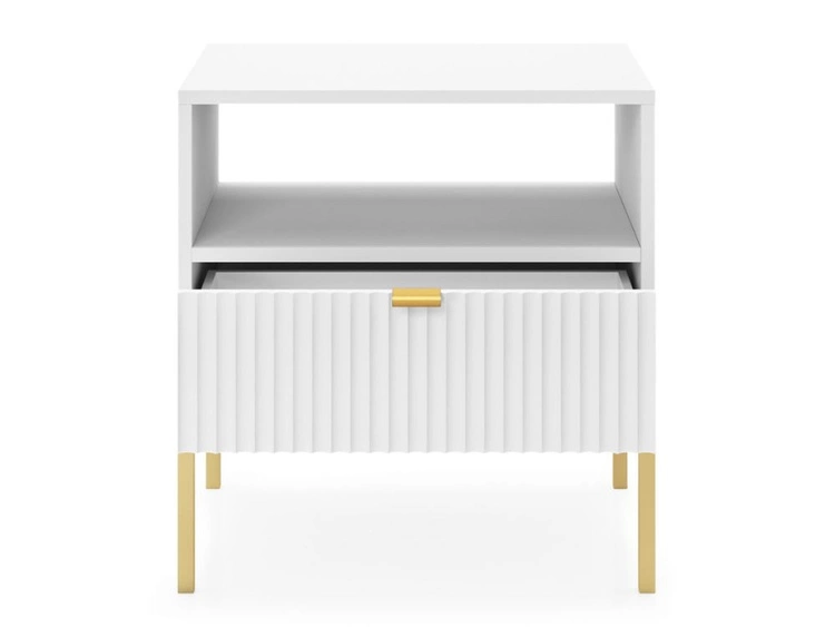 Stolik nocny z szufladą Amber biały na złotych nogach