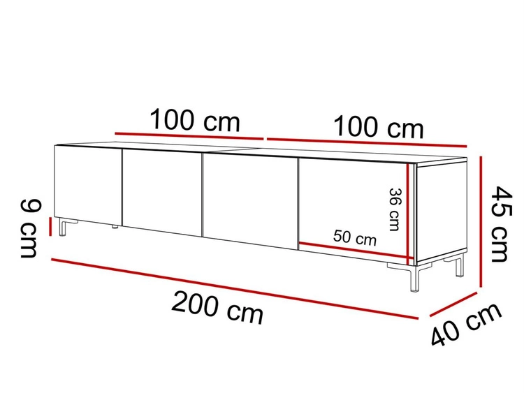 Szafka RTV pod telewizor z drzwiczkami na złotych nóżkach 200 cm Nodoo Beton