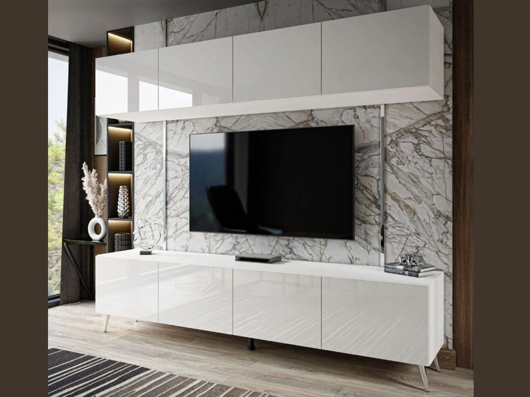 Meblościanka do salonu z oświetleniem LED na srebrnych nogach Noaé Biały połysk