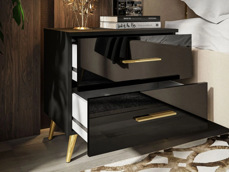 Stolik nocny z szufladami na złotych nogach Nuveo Czarny połysk