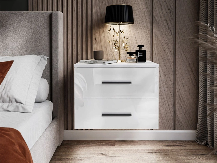 Podwieszany stolik nocny z dwoma szufladami Nuveo Biały połysk