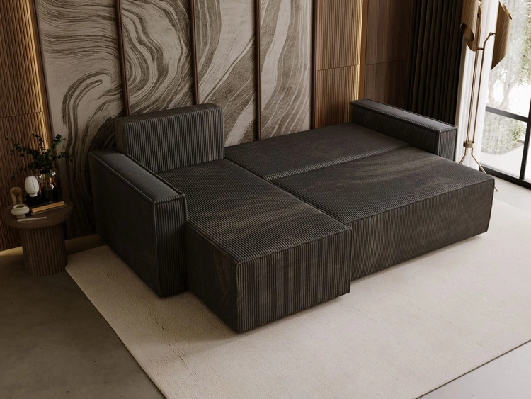 Nowoczesny rozkładany narożnik z funkcją spania i pojemnikiem Prato L uniwersalny Ciemny szary