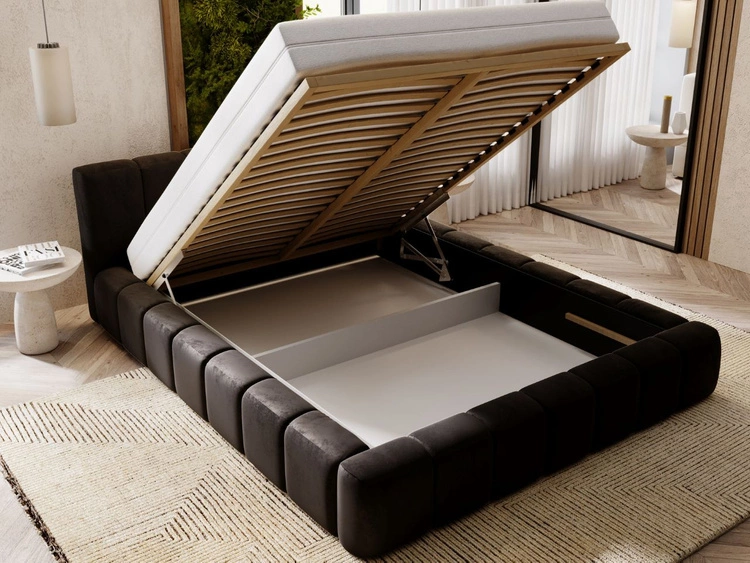 Łóżko tapicerowane z pojemnikiem i stelażem 180x200 Split Czarny