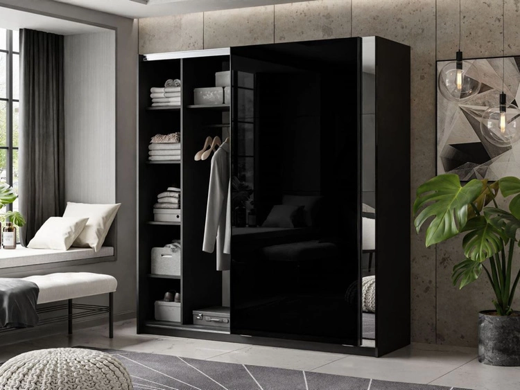 Szafa dwudrzwiowa z drzwiami przesuwnymi i lustrami 194 cm Nuveo Czarny połysk