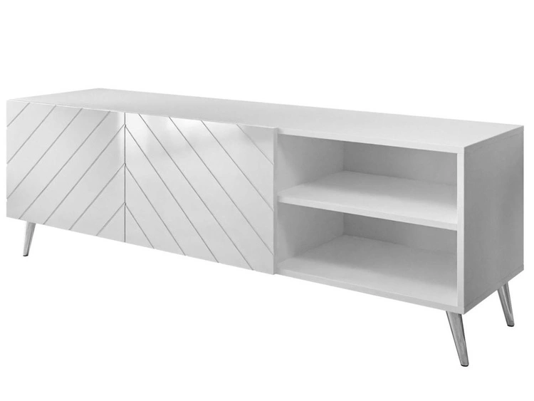 Szafka RTV z frezowanymi frontami i metalowymi chromowanymi nóżkami Vionel biały połysk