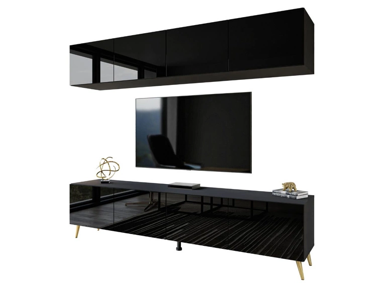 Meblościanka do salonu z oświeleniem LED na złotych nogach Noaé Czarny połysk