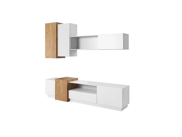 Meblościanka do salonu Morten Biała, Dąb Craft Złoty