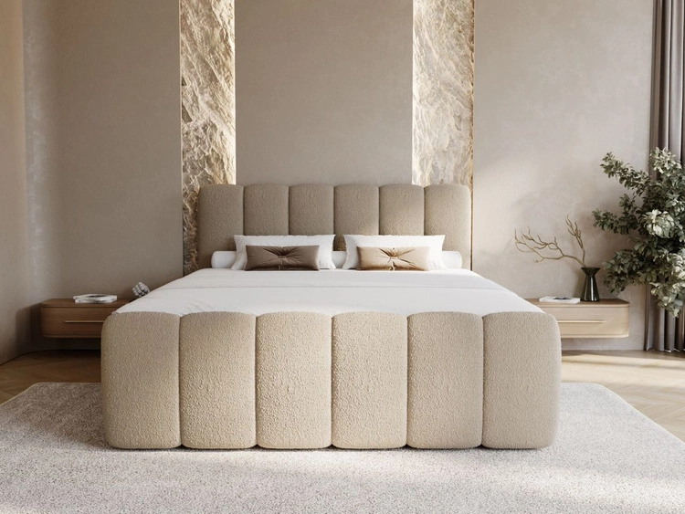 Łóżko kontynentalne z pojemnikiem na pościel 140x200 w tkaninie bouclé Cloud Brązowe