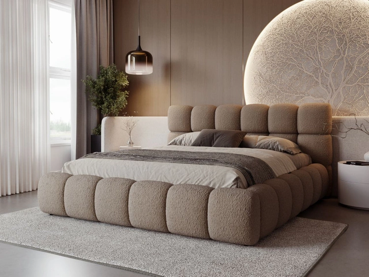 Łóżko tapicerowane z pojemnikiem na pościel i stelażem 160x200 Modo w tkaninie bouclé Brązowe