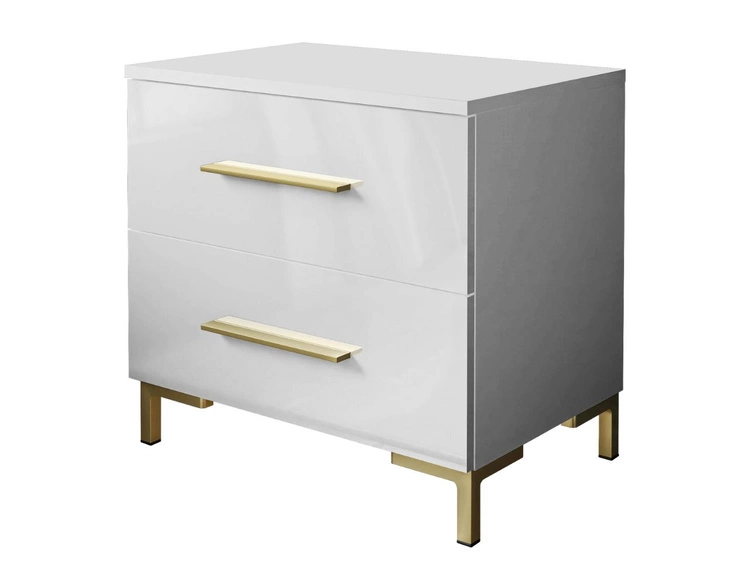 Stolik nocny z szufladami na złotych nogach Nuveo Biały połysk
