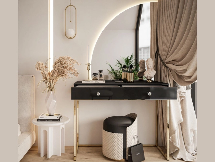 Toaletka kosmetyczna lewostronna z szufladami i oświetleniem LED na złotych nogach Clarette Czarny połysk