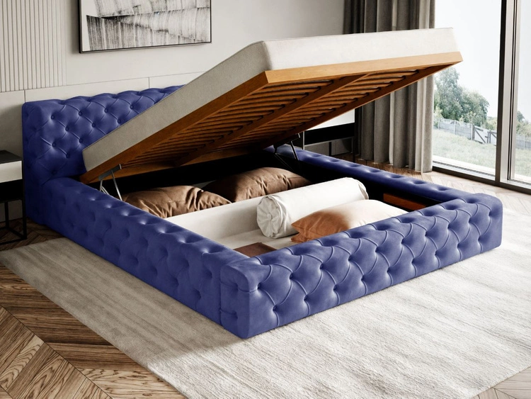 Łóżko tapicerowane z pojemnikiem i stelażem 180x200 cm Palini Ciemnoniebieskie