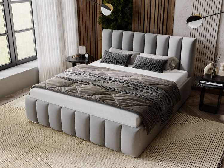 Łóżko tapicerowane z pojemnikiem i stelażem 200x200 Neos Szare