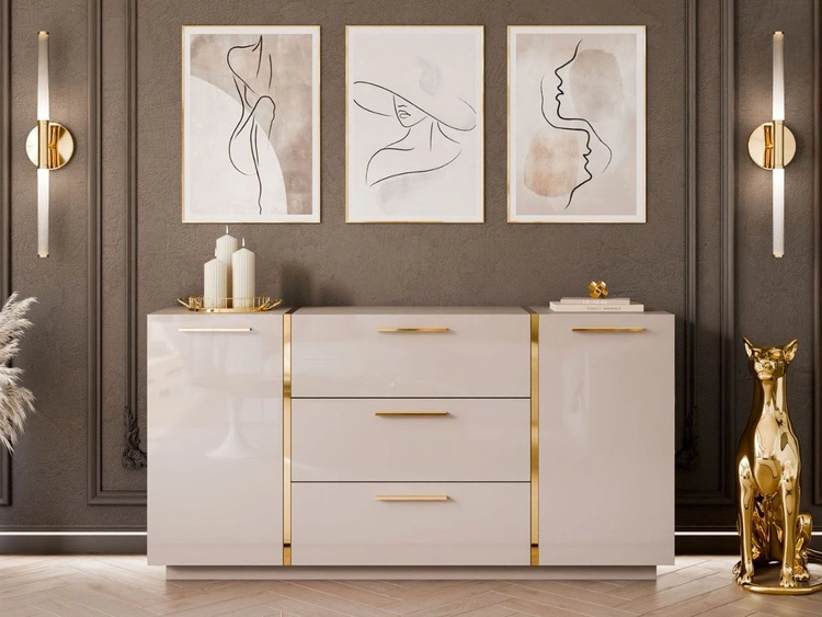 Dwudrzwiowa komoda 158 cm z trzema szufladami Lunelie kaszmir połysk