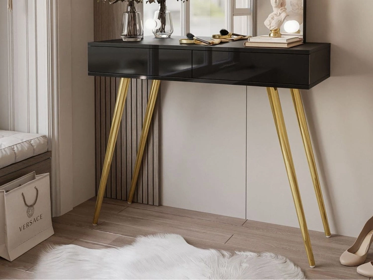 Toaletka kosmetyczna w stylu glamour z szufladami, lustrem i oświetleniem LED Olivine Elite czarny połysk