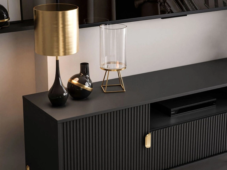 Szafka RTV szeroka dwudrzwiowa na złotych nogach z szufladą Orlean czarny mat
