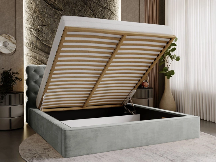 Łóżko tapicerowane z pojemnikiem i stelażem 140x200 Apollo Szare