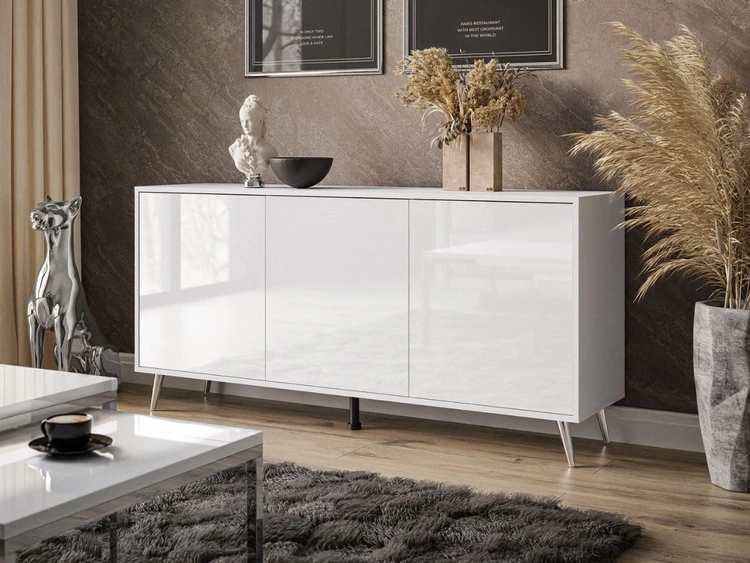 Trzydrzwiowa komoda 154 cm w stylu glamour na srebrnych nogach Vivance biały połysk