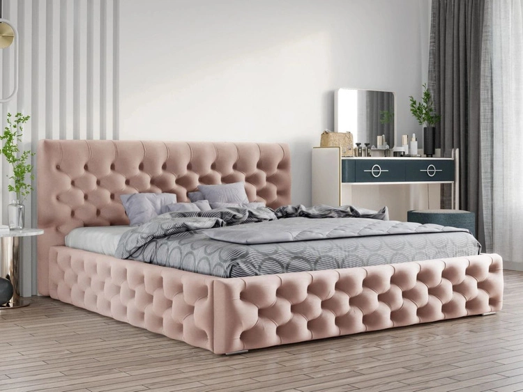 Łóżko tapicerowane z pojemnikiem i stelażem 200x200 Velutto Różowe