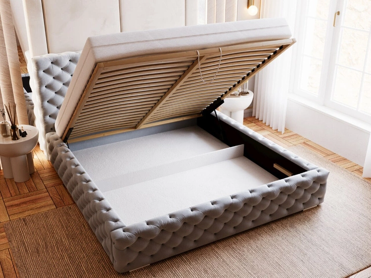 Łóżko tapicerowane z pojemnikiem i stelażem 200x200 Astra Szary