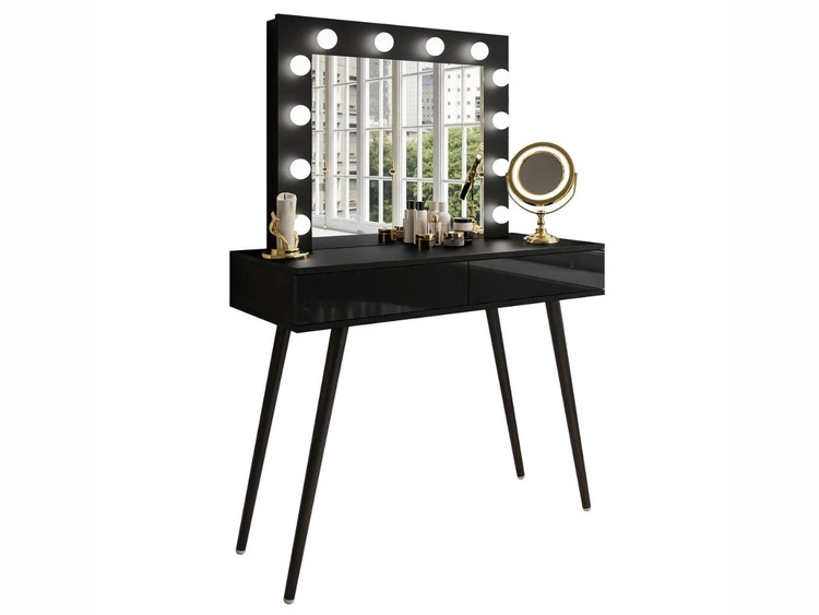 Toaletka glamour z szufladami, lustrem i oświetleniem LED Olivine czarny połysk
