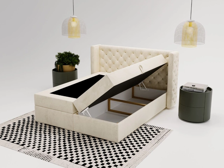 Łóżko kontynentalne z pojemnikiem na pościel 120x200 cm Lion Kremowe