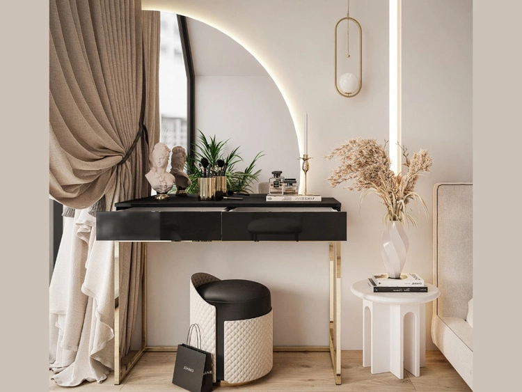 Toaletka kosmetyczna prawostronna z szufladami i oświetleniem LED na złotych nogach Clarette Czarny połysk