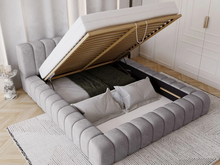 Łóżko tapicerowane z pojemnikiem na pościel i stelażem 140x200 Italia Szare