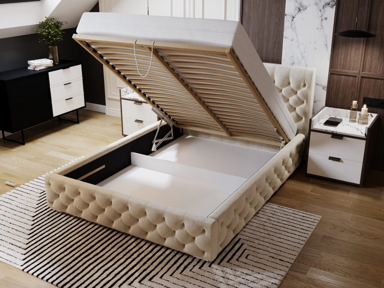 Łóżko tapicerowane z pojemnikiem i stelażem 200x200 Velutto Różowe