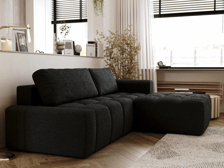 Narożnik L prawy z funkcją spania i pojemnikiem Lana Czarny