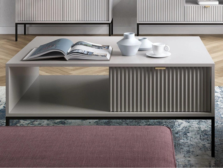 Stolik kawowy z szufladą Amber szary na czarnych nogach