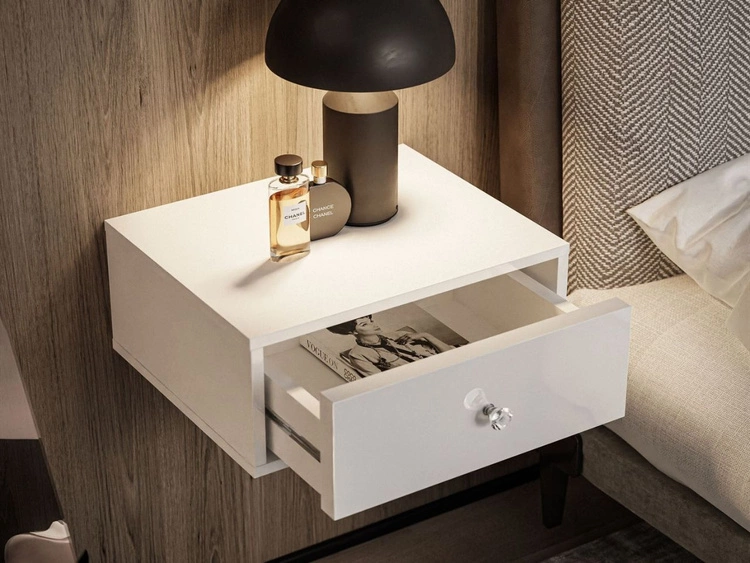 Stolik nocny glamour wiszący z szufladą i oświetleniem LED Brisa biały połysk