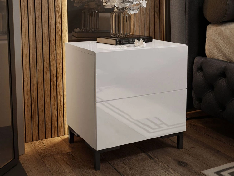 Stolik nocny z dwoma szufladami na czarnych nogach Nuveo Lux Biały Połysk