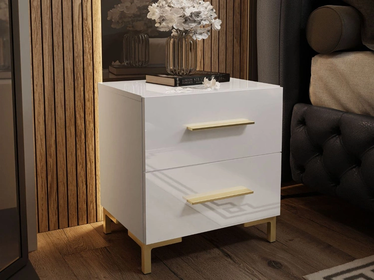 Stolik nocny z dwoma szufladami na złotych nogach Nuveo Lux Biały Połysk