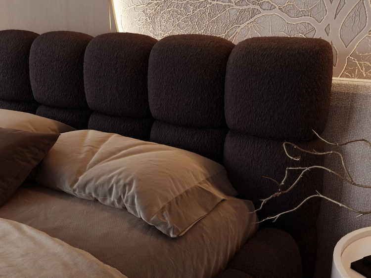 Łóżko tapicerowane z pojemnikiem na pościel i stelażem 140x200 Modo w tkaninie bouclé Czarne