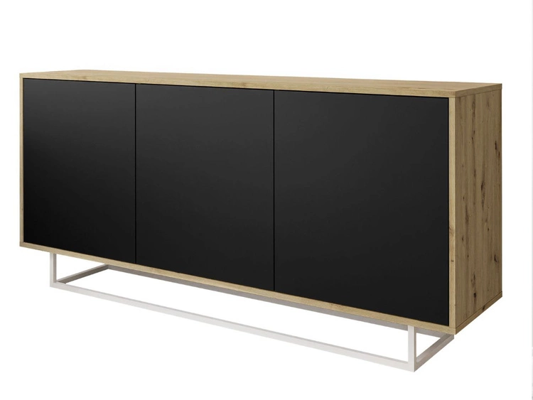 Trzydrzwiowa komoda 154 cm w stylu loft na białym stelażu Vivance czarny mat i dąb artisan