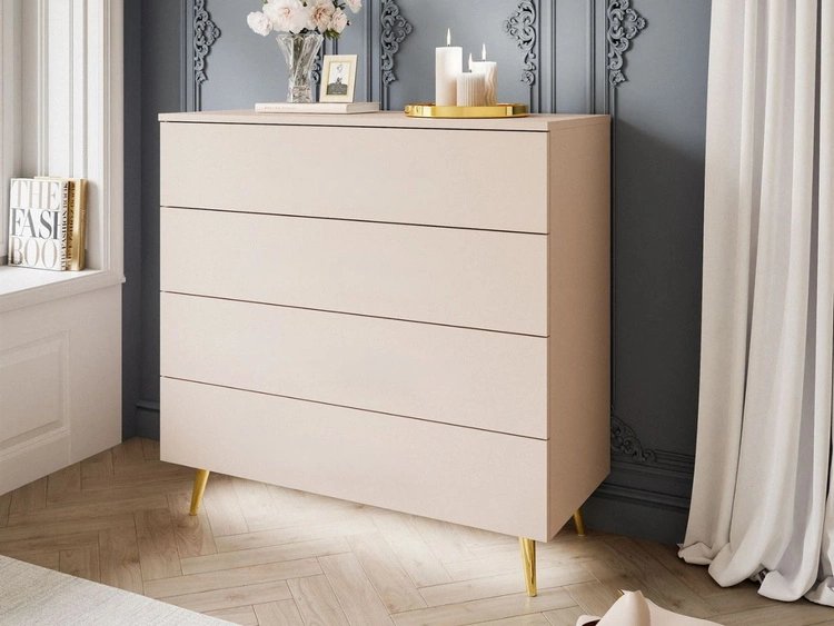 Komoda z szufladami i oświetleniem LED na złotych nogach Nuveo Kaszmir