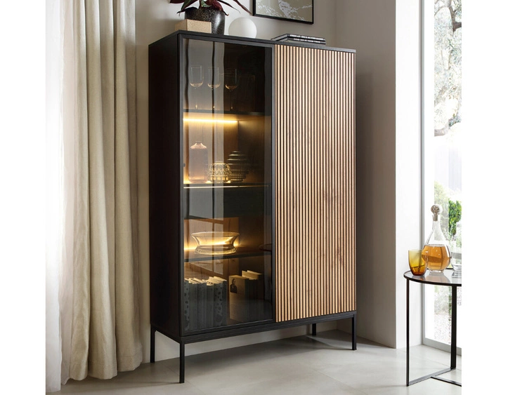 Witryna stojąca do salonu z oświetleniem LED wysoka Deo Dąb Wotan