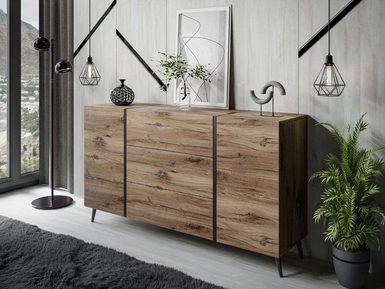 Dwudrzwiowa komoda 158 cm na czarnych nóżkach z trzema szufladami Lunelie dąb Flagstaff