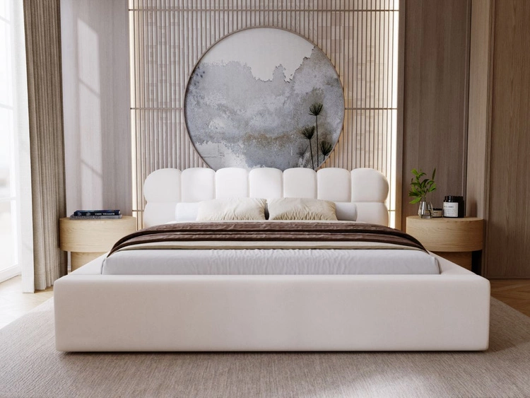 Łóżko tapicerowane z pojemnikiem i stelażem 140x200 Plaza Kremowe