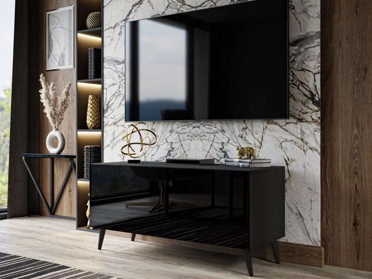 Szafka RTV pod telewizor z drzwiczkam i oświetleniem LED na czarnych nóżkach 100 cm Noaé Czarny połysk