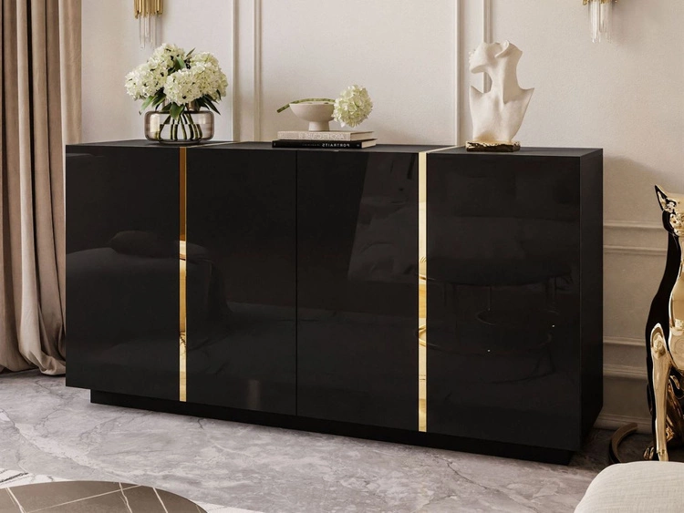 Czterodrzwiowa komoda 158 cm w stylu glamour Lunelie czarny połysk