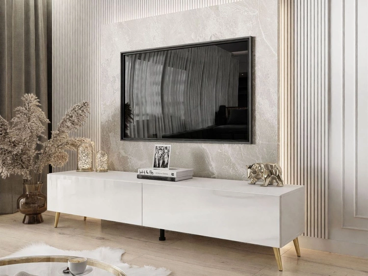 Szafka RTV z drzwiczkami na złotych nóżkach 175 cm Sorelle Biały połysk