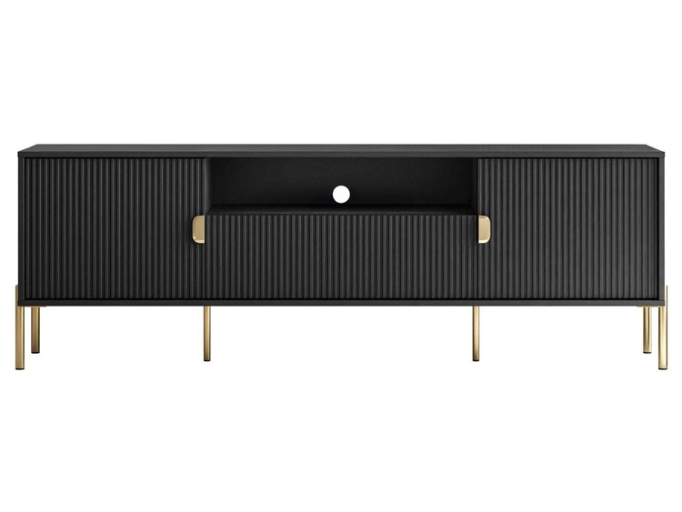 Szafka RTV szeroka dwudrzwiowa na złotych nogach z szufladą Orlean czarny mat