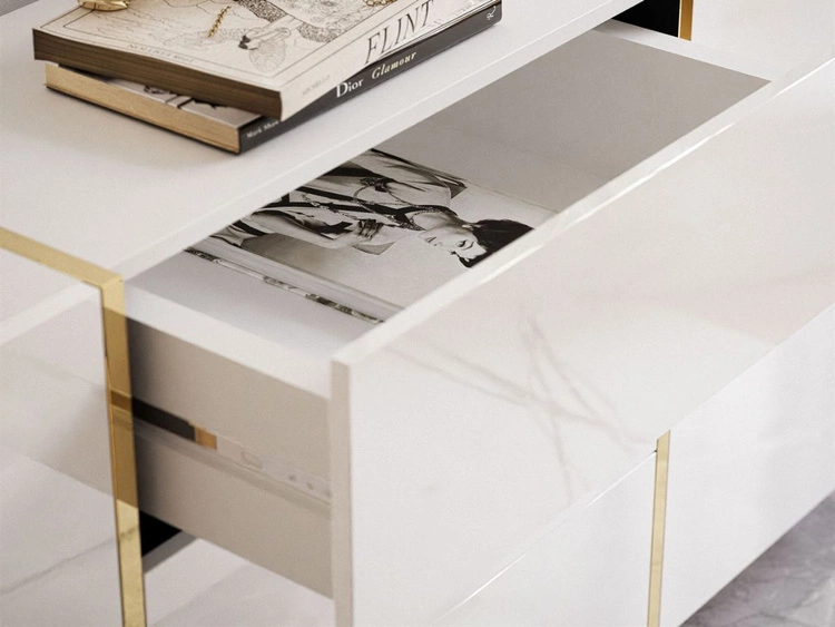 Zestaw mebli do salonu na złotych metalowych nóżkach w stylu glamour Lunelie Biały połysk