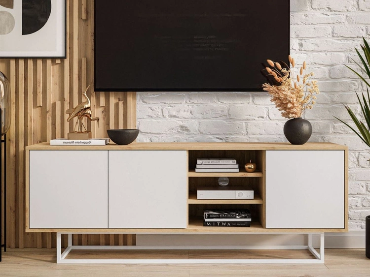Szafka RTV pod telewizor z drzwiczkami i białym stelażem Vivance Biały i dąb artisan