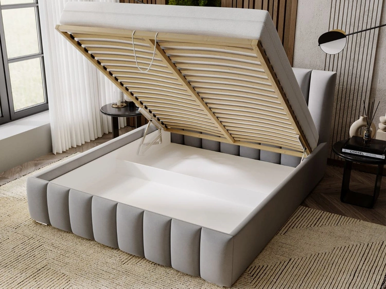 Łóżko tapicerowane z pojemnikiem i stelażem 140x200 Neos Szare