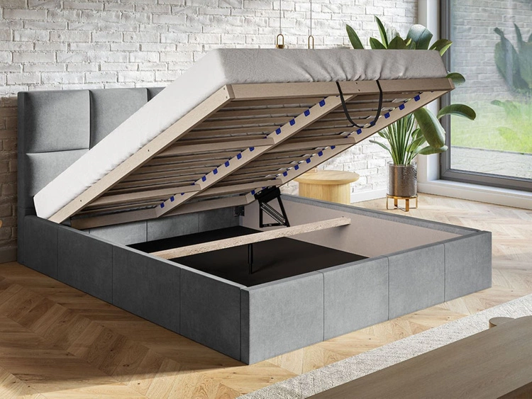 Łóżko tapicerowane z pojemnikiem i stelażem 140x200 Malo jasnoszare